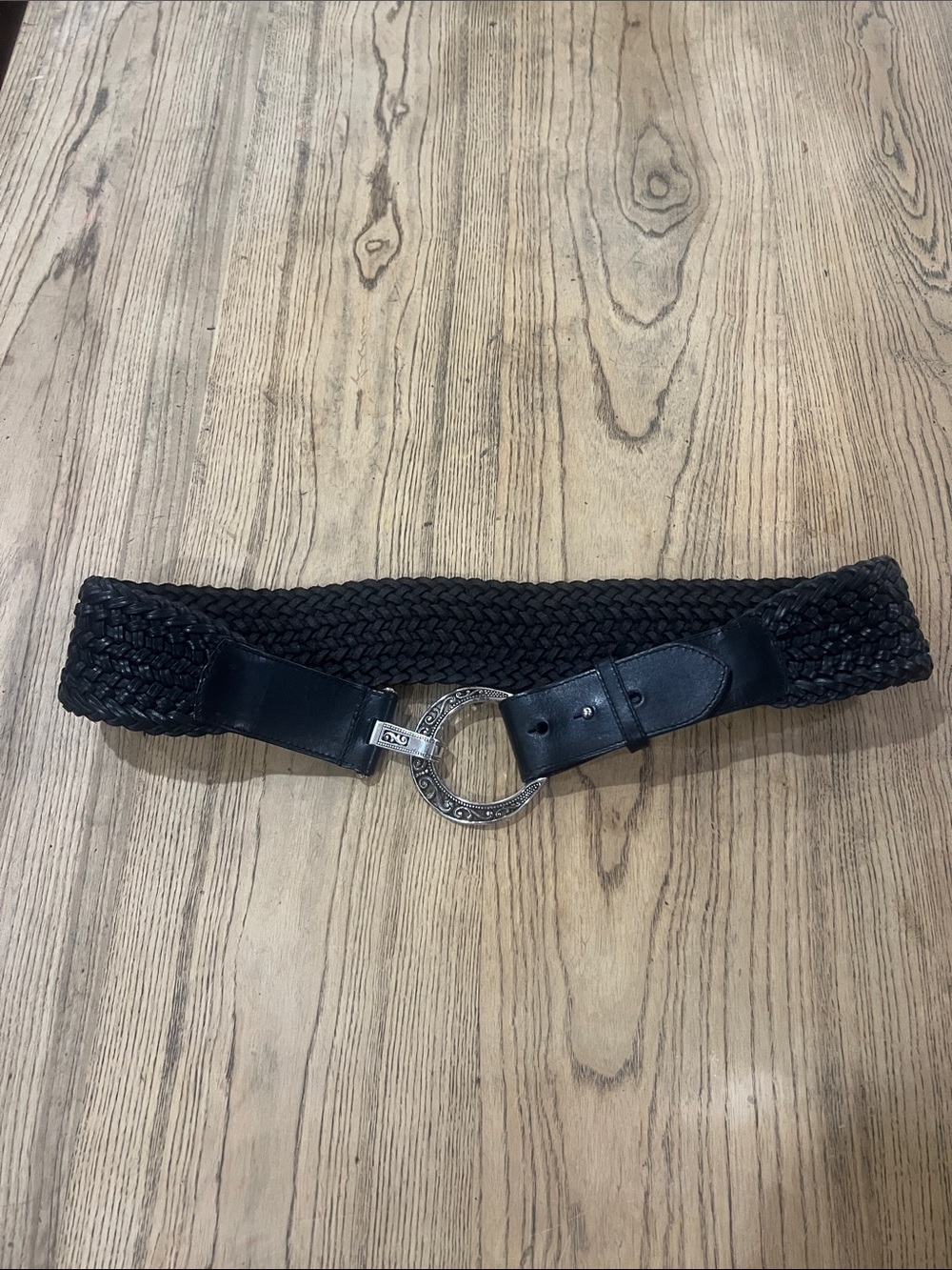 Brighten Black Leather Braided Belt with Silver Ring Buckle Unique Boho Size 38